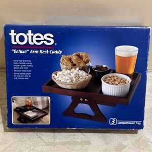Totes Deluxe Arm Rest Caddy with Dark Brown Finish 3 Compartment Tray Portable